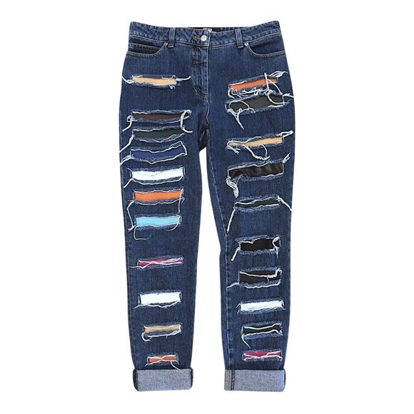 Jeremy Scott Denim - Jeremy Scott Ripped Denim Jeans Size 8 Multicolor Lamb Leather Patches Italy
